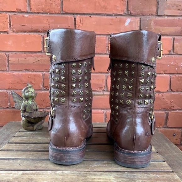 SALE ❤️ UGG Conor Harness Studded Shearling Brown Leather Moto Biker Boots 7.5 - Picture 6 of 12